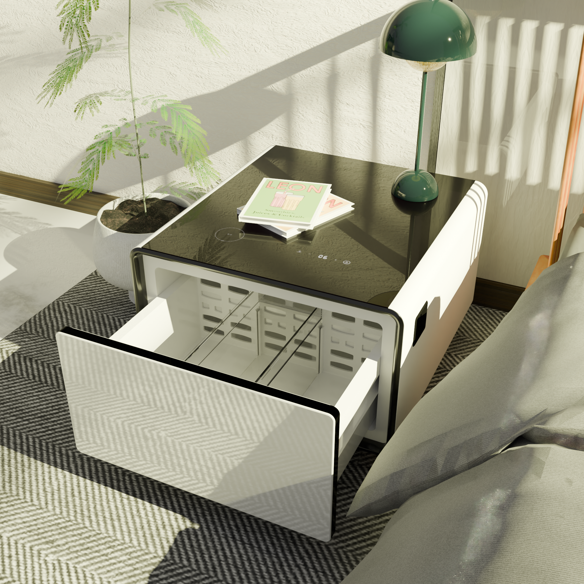 Modern Smart Side Table with Built-in Fridge, Wireless Charging, Temperature Control, Power Socket, USB Ports, Outlet Protection, Induction Light, White 