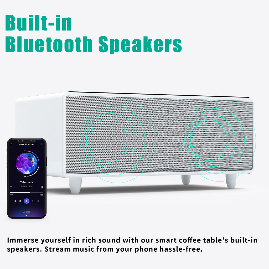 Modern Smart Coffee Table with Built-in Fridge, Bluetooth Speaker, Wireless Charging, Touch Control Panel, USB Ports, Outlet Protection, Atmosphere light, White 