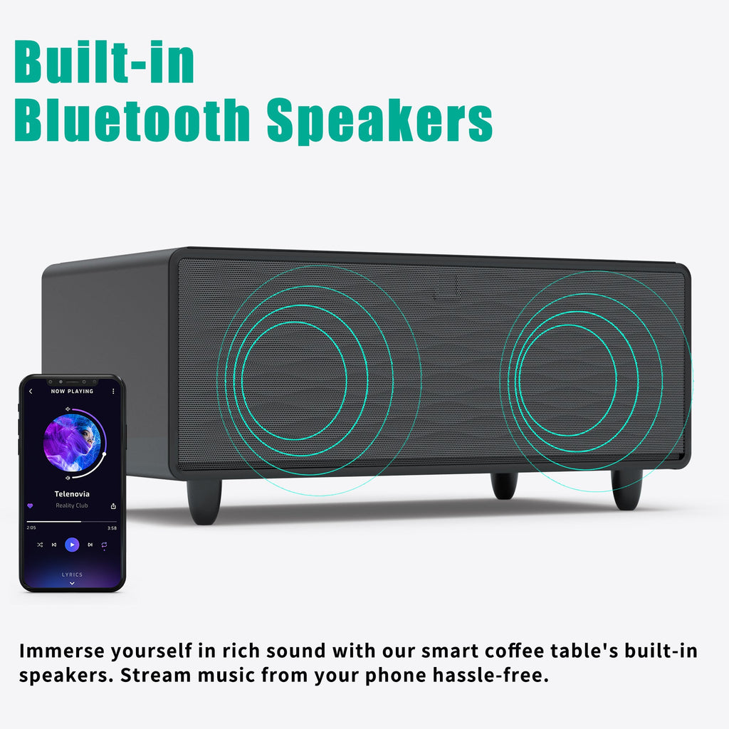Modern Smart Coffee Table with Built-in Fridge, Bluetooth Speaker, Wireless Charging, Touch Control Panel, USB Interface, Outlet Protection, Atmosphere light, Black 