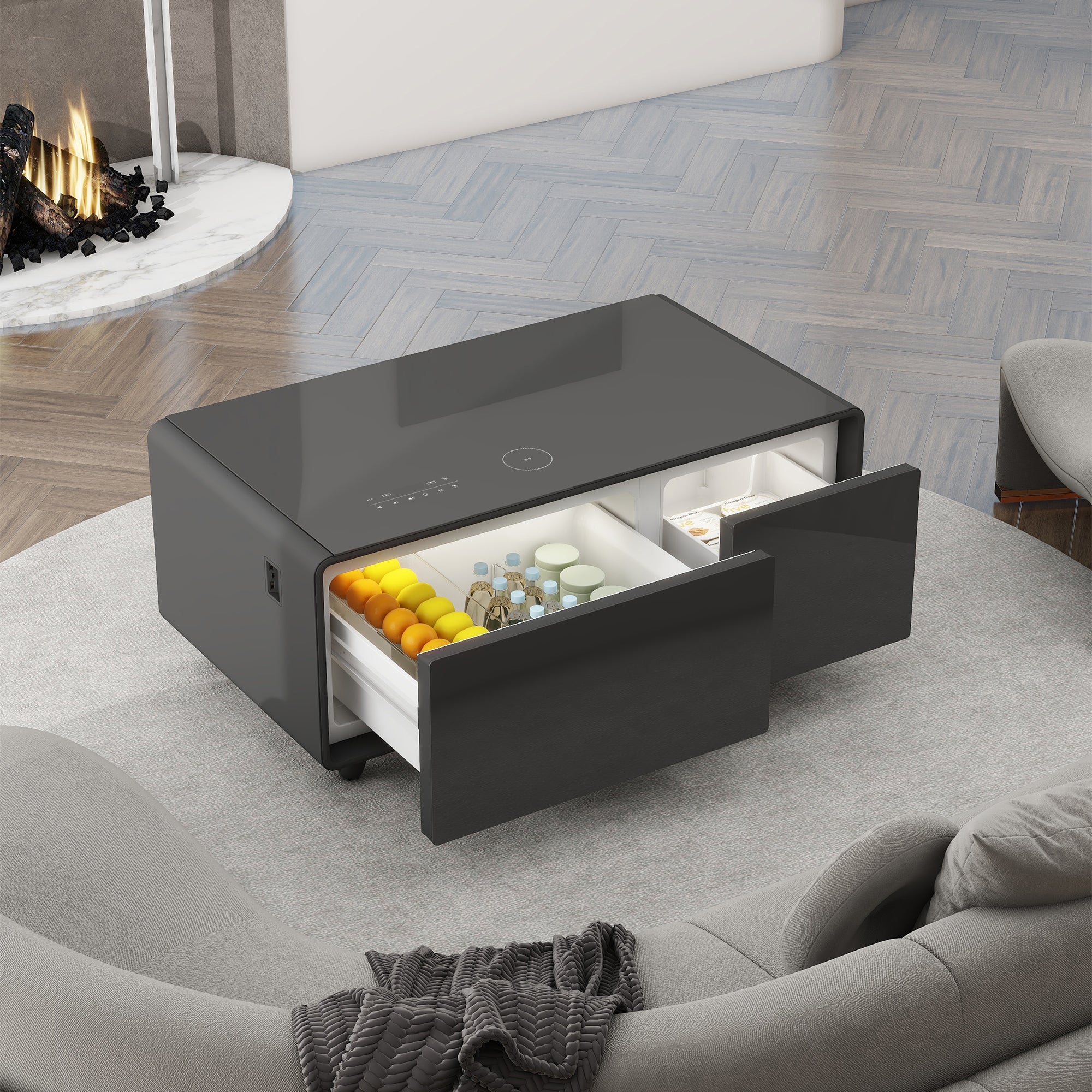Modern Smart Coffee Table with Built-in Fridge, Bluetooth Speaker, Wireless Charging, Touch Control Panel, USB Interface, Outlet Protection, Atmosphere light, Black 