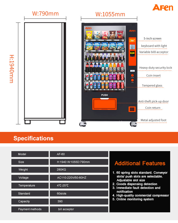 Snack & Drink Combo Vending Machine Refrigerated Large 60 Slots Commercial Vending Machine Durable Cashless Beverage Vending Machine for Business, Caster Design, Bill Acceptor