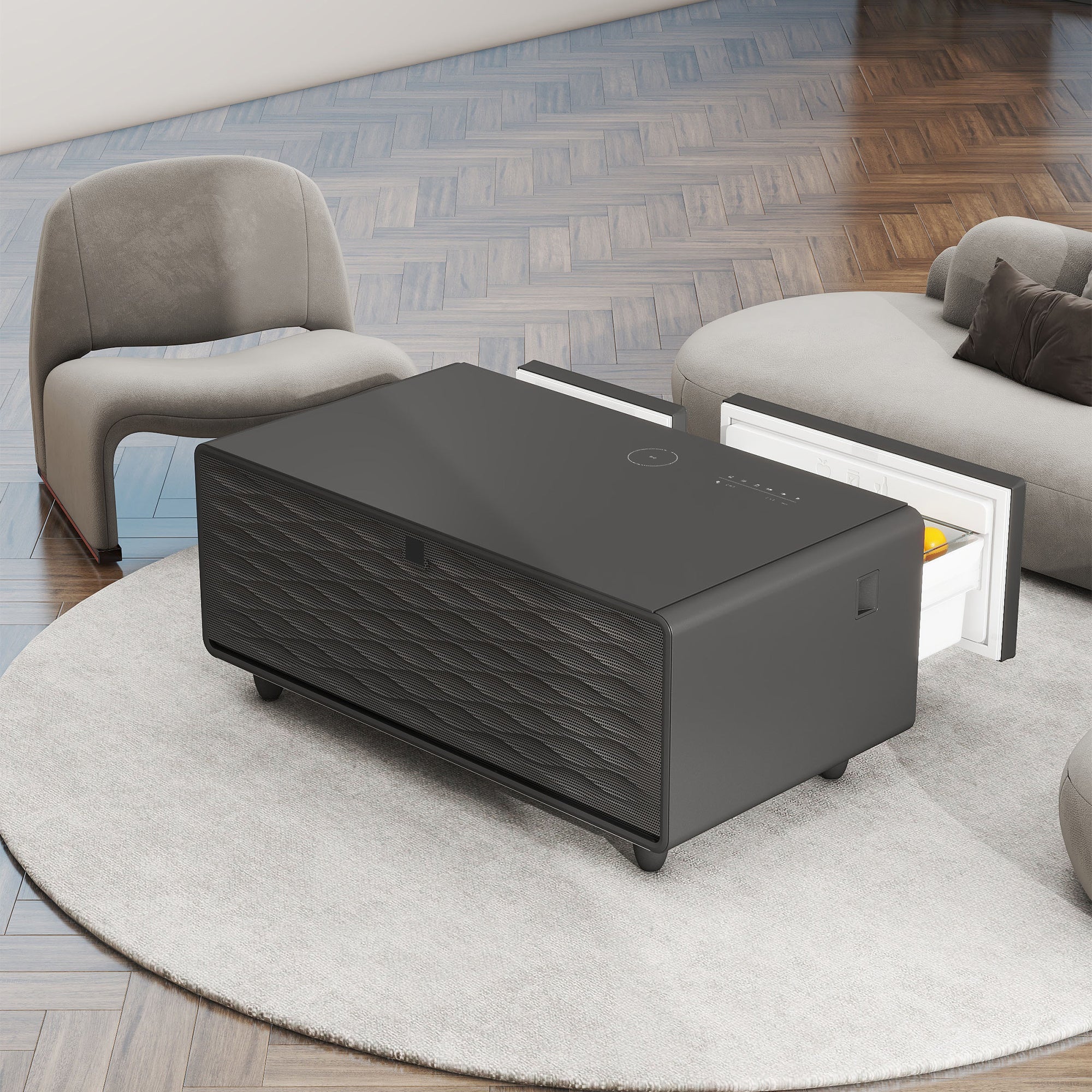 Modern Smart Coffee Table with Built-in Fridge, Bluetooth Speaker, Wireless Charging, Touch Control Panel, USB Interface, Outlet Protection, Atmosphere light, Black 