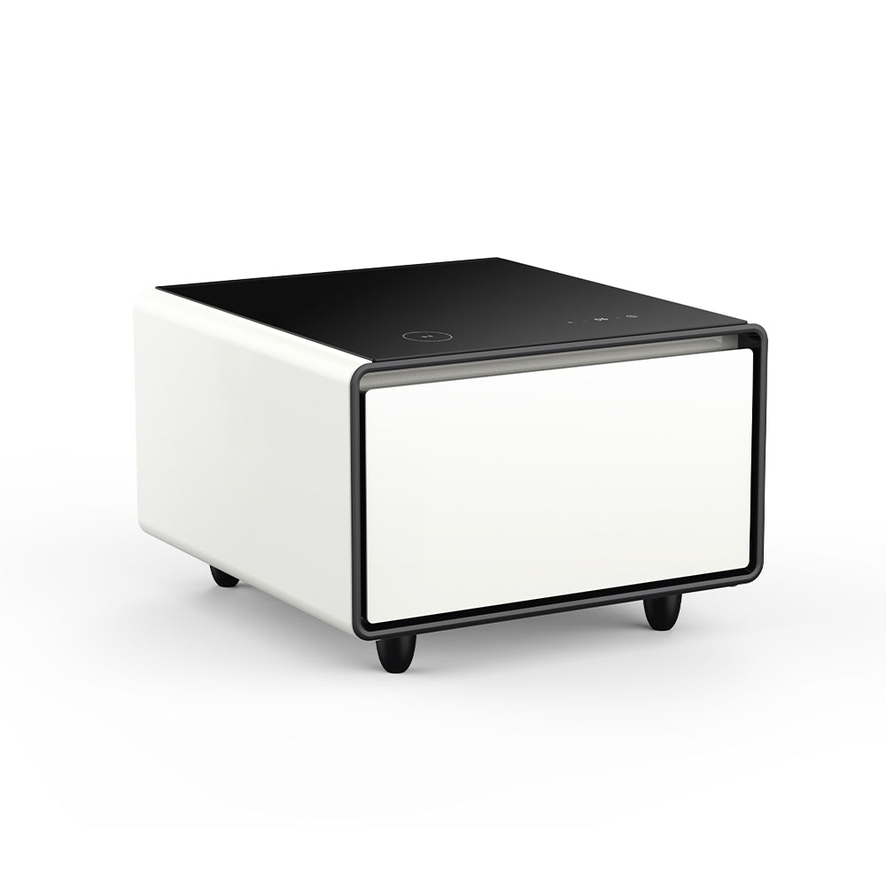 Modern Smart Side Table with Built-in Fridge, Wireless Charging, Temperature Control, Power Socket, USB Ports, Outlet Protection, Induction Light, White 