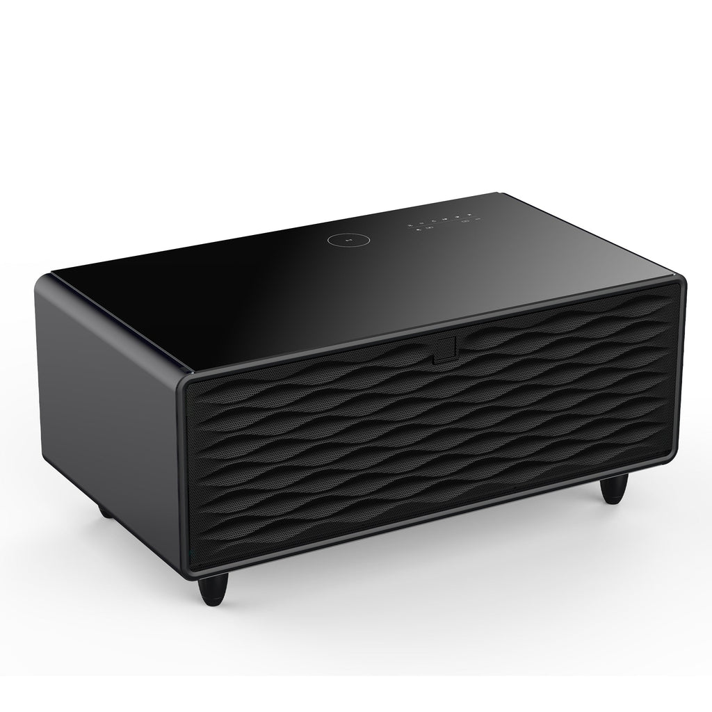 Modern Smart Coffee Table with Built-in Fridge, Bluetooth Speaker, Wireless Charging, Touch Control Panel, USB Interface, Outlet Protection, Atmosphere light, Black 