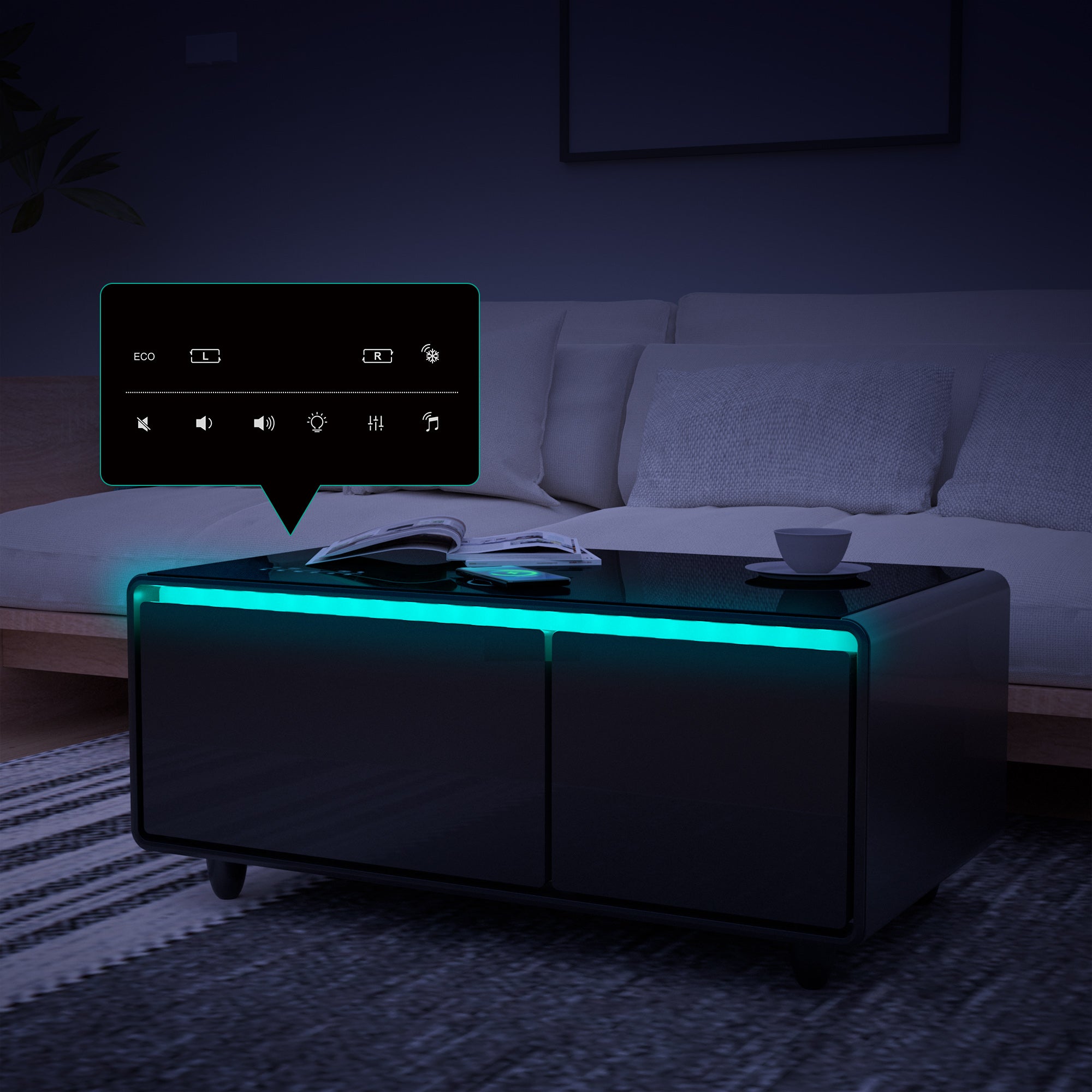 Modern Smart Coffee Table with Built-in Fridge, Bluetooth Speaker, Wireless Charging, Touch Control Panel, USB Interface, Outlet Protection, Atmosphere light, Black 