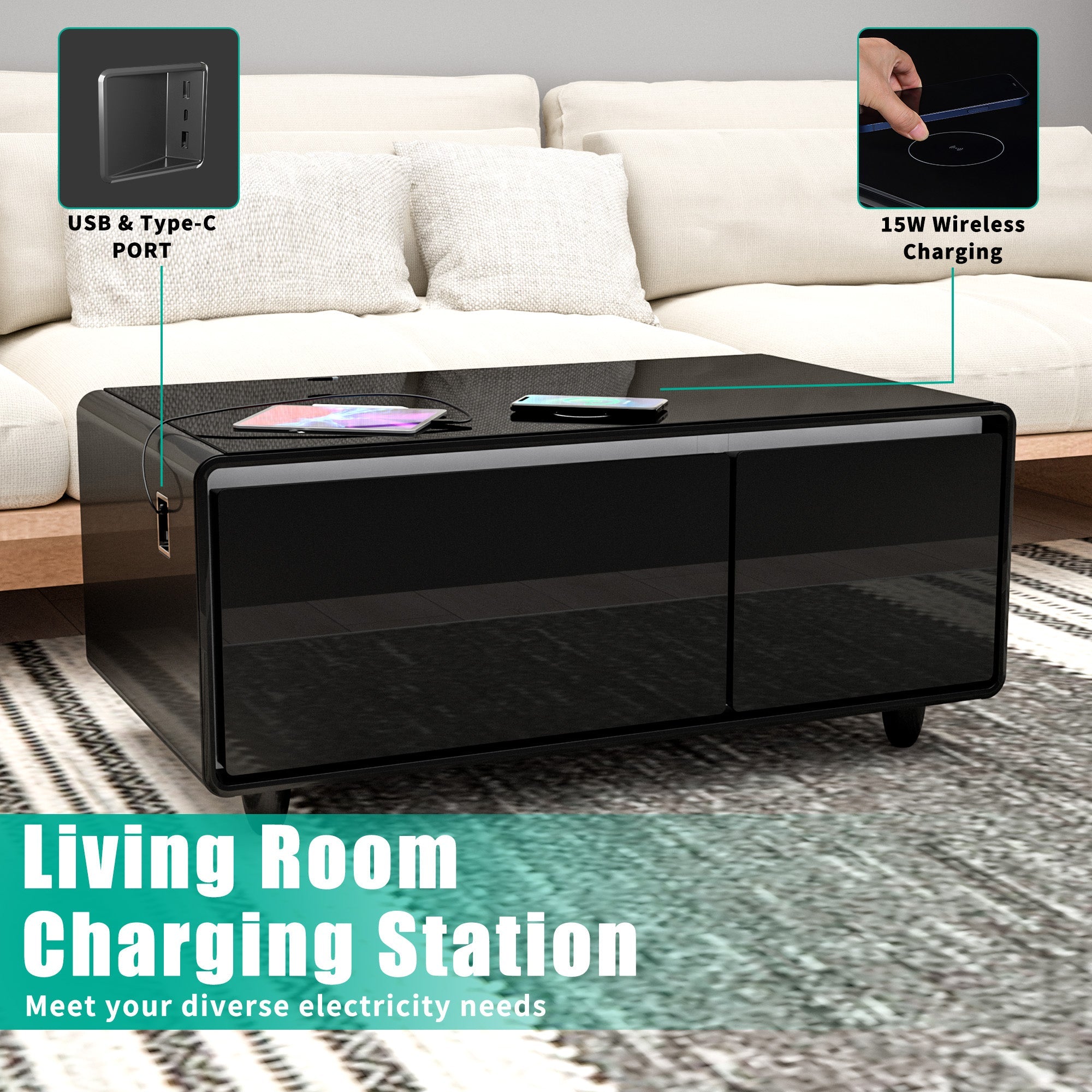 Modern Smart Coffee Table with Built-in Fridge, Bluetooth Speaker, Wireless Charging, Touch Control Panel, USB Interface, Outlet Protection, Atmosphere light, Black 
