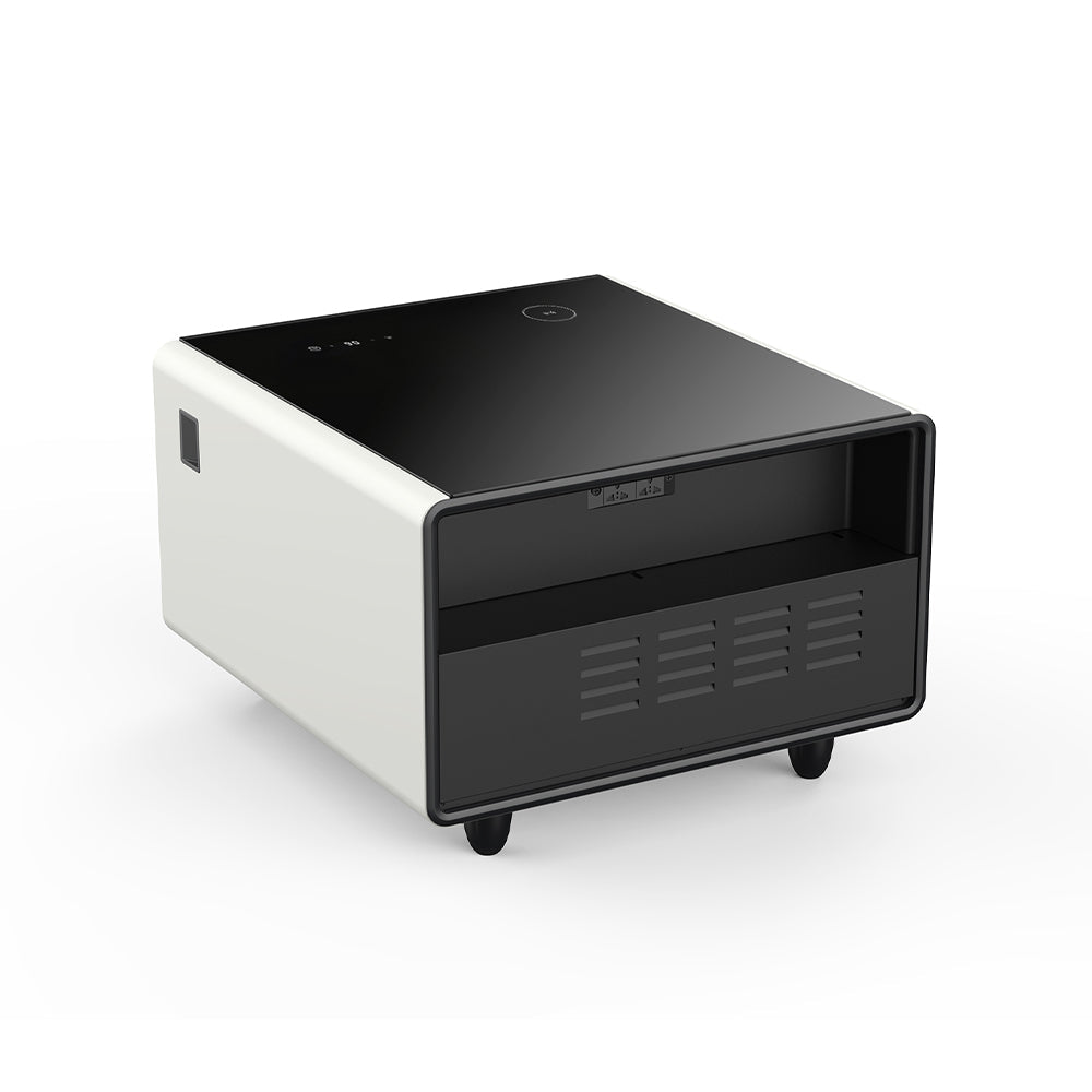 Modern Smart Side Table with Built-in Fridge, Wireless Charging, Temperature Control, Power Socket, USB Ports, Outlet Protection, Induction Light, White 