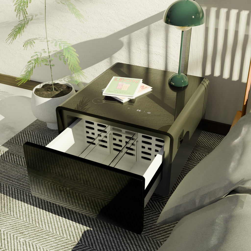 Modern Smart Side Table with Built-in Fridge, Wireless Charging, Temperature Control, Power Socket, USB Ports, Outlet Protection, Induction Light, Black 